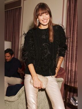 Hyacinth House NEW Talulah Feather Sweater in Black, Size XL